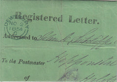 144619 1854 GREEN OUTER WRAPPER AS USED TO CONTAIN A REGISTERED LETTER FROM DEWSBURY, WEST YORKS TO HALIFAX.