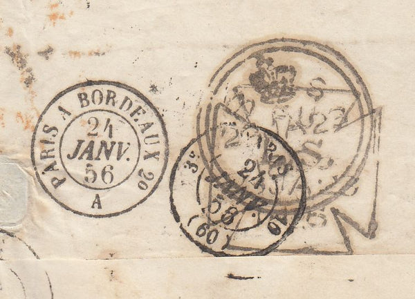 144621 1856 MAIL LONDON TO PESSAC, GIRONDE, FRANCE PAIR 4d CARMINE SMALL GARTER (SG62).