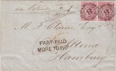 144622 1858 UNDERPAID MAIL LONDON TO HAMBURG 4d CARMINE (SG66) AND 'PART-PAID/MORE TO PAY' HANDSTAMP.