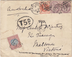 144623 1892 UNDERPAID MAIL, CARLISLE, CUMBERLAND TO MELBOURNE, AUSTRALIA POSTAGE UNDERPAID G.B. STAMPS 5d 'VICTORIA' POSTAGE DUE.