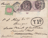 144625 1899 UNDERPAID MAIL LIVERPOOL TO MELBOURNE, VICTORIA, AUSTRALIA G.B. 1d LILAC CONTROL 'W' PAIR WITH BISECT, NOT ACCEPTED FOR POSTAGE, VICTORIA POSTAGE DUE.