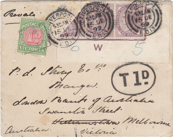 144625 1899 UNDERPAID MAIL LIVERPOOL TO MELBOURNE, VICTORIA, AUSTRALIA G.B. 1d LILAC CONTROL 'W' PAIR WITH BISECT, NOT ACCEPTED FOR POSTAGE, VICTORIA POSTAGE DUE.