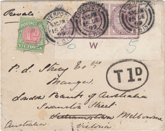 144625 1899 UNDERPAID MAIL LIVERPOOL TO MELBOURNE, VICTORIA, AUSTRALIA G.B. 1d LILAC CONTROL 'W' PAIR WITH BISECT, NOT ACCEPTED FOR POSTAGE, VICTORIA POSTAGE DUE.