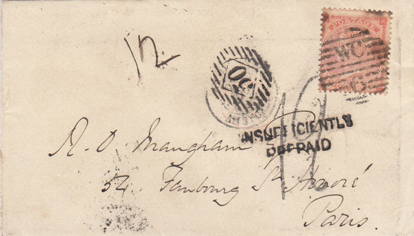144626 1862 UNDERPAID MAIL LONDON TO PARIS 4d (SG80) 'INSUFFICENTLY/PREPAID' HANDSTAMP.