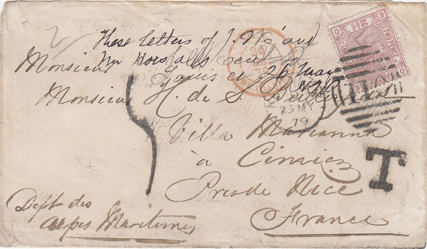 144627 1879 UNDERPAID MAIL KEIGHLEY, WEST YORKS TO CIMIEZ, FRANCE 2½d (SG141) WITH TAX MARKS.