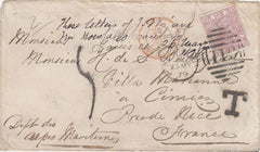 144627 1879 UNDERPAID MAIL KEIGHLEY, WEST YORKS TO CIMIEZ, FRANCE 2½d (SG141) WITH TAX MARKS.