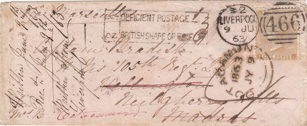 144628 1863 MAIL LIVERPOOL TO MADRAS, INDIA 9d BISTRE (SG86) POSTAGE UNDERPAID 'DEFICIENT POSTAGE/BRITISH SHARE OF FINE' HANDSTAMP.