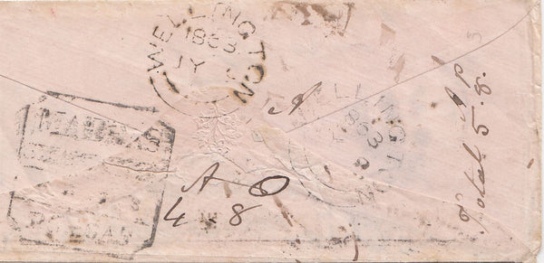 144628 1863 MAIL LIVERPOOL TO MADRAS, INDIA 9d BISTRE (SG86) POSTAGE UNDERPAID 'DEFICIENT POSTAGE/BRITISH SHARE OF FINE' HANDSTAMP.