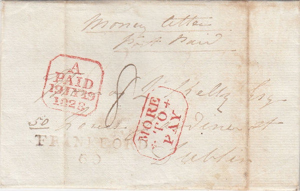 144631 1828 'MONEY LETTER' THOMASTOWN, CO KILKENNY TO DUBLIN 'FRANKFORD/60' MILEAGE MARK AND BOXED 'MORE/+ TO +/PAY' HANDSTAMP.