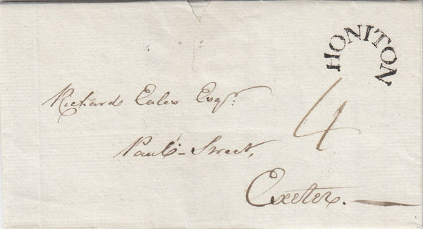 144633 1794 MAIL HONITON, DEVON TO EXETER 'HONITON' HORSESHOE STYLE HANDSTAMP' (DN750).