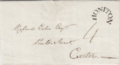 144633 1794 MAIL HONITON, DEVON TO EXETER 'HONITON' HORSESHOE STYLE HANDSTAMP' (DN750).