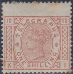 144642 1880 1s TELEGRAPH ORANGE-BROWN PL.TEN WMK SPRAY (T9/L225) UNUSED.