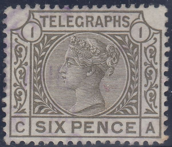 144648 1877 6d TELEGRAPH GREY Pl. 1 (T6/L212) VERY FINE USED.