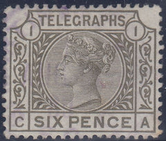 144648 1877 6d TELEGRAPH GREY Pl. 1 (T6/L212) VERY FINE USED.