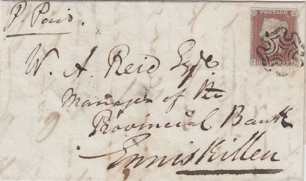 144657 1841 MAIL CLONES, CO. MONAGHAN, IRELAND TO ENNISKILLEN FINE TO VERY FINE 1d RED PLATE 1b (SG7)(FA).