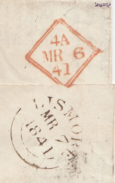 144658 1841 MAIL DUBLIN TO LISMORE, COUNTY WATERFORD FINE PAIR 1d RED PL.8 (SG7).