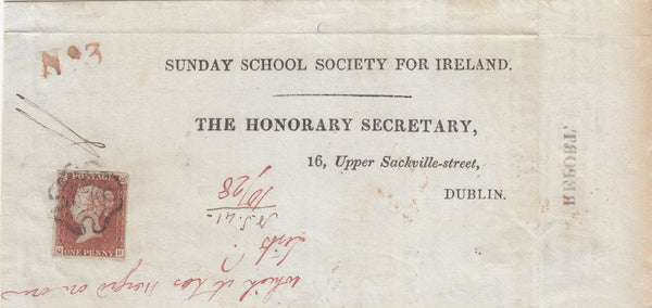144659 1841 LARGE PART WRAPPER STRABANE, COUNTY TYRONE TO DUBLIN VERY FINE 1d RED PL.8 (SG7) (QH).