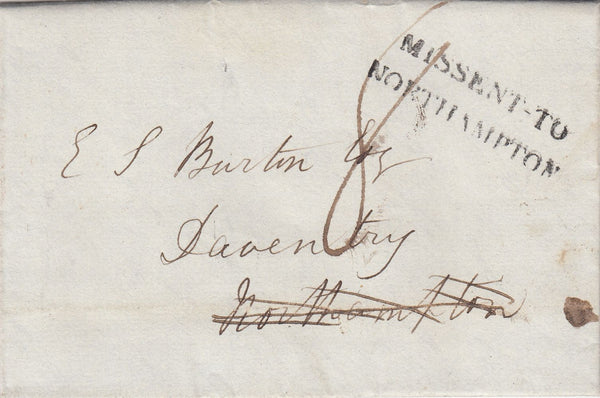 144662 1839 MAIL TEMPLE, LONDON TO DAVENTRY, MISSENT TO NORTHAMPTON WITH 'MISSENT-TO/NORTHAMPTON' HANDSTAMP (NN142).
