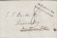 144662 1839 MAIL TEMPLE, LONDON TO DAVENTRY, MISSENT TO NORTHAMPTON WITH 'MISSENT-TO/NORTHAMPTON' HANDSTAMP (NN142).