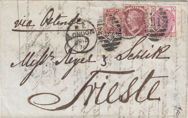 144663 1878 MAIL LONDON TO TRIESTE ½d PL.11 (SG48), 1½d PL.3 (SG51) AND 3d ROSE PL.19 (SG143).