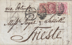 144663 1878 MAIL LONDON TO TRIESTE ½d PL.11 (SG48), 1½d PL.3 (SG51) AND 3d ROSE PL.19 (SG143).