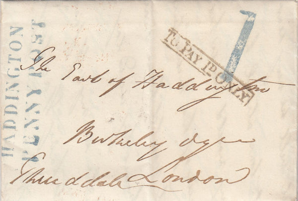144664 1834 MAIL HADDINGTON, EAST LOTHIAN TO LONDON WITH 'HADDINGTON/PENNY POST' AND '1' HANDSTAMPS IN BLUE.