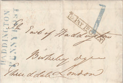 144664 1834 MAIL HADDINGTON, EAST LOTHIAN TO LONDON WITH 'HADDINGTON/PENNY POST' AND '1' HANDSTAMPS IN BLUE.
