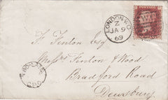 144668 1869 MAIL LONDON TO DEWSBURY 1d PL.102 (SG43) CIRCULAR 'TOO-LATE' HANDSTAMP.
