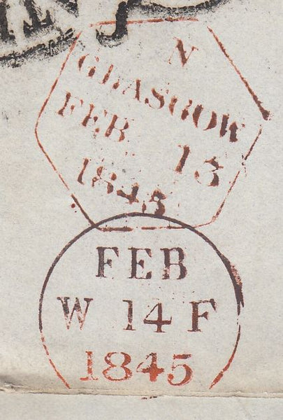 144669 1845 MAIL GLASGOW TO EDINBURGH 1d (SG8) 'MAE WEST' 'TOO LATE' HANDSTAMP.