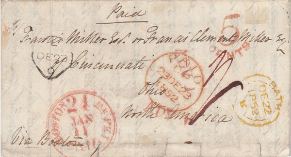 144670 1852 MAIL BATH, SOMERSET TO OHIO, NORTH AMERICA WITH 'SENT BACK TO ENGLAND/WITHOUT A REASON/FOR NON DELIVERY' HANDSTAMP.