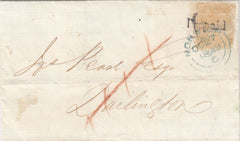 144671 1849 MAIL NORWICH TO DARLINGTON, POST PAID 1d(SG8), STAMP FALLEN OFF,  HANDSTAMPED 'Prepaid' (NK322), ADDDITIONAL CHARGE CANCELLED AND STAMP SUBSEQUENTLY FOUND AND REAFFIXED.