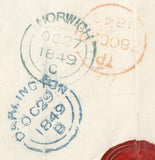 144671 1849 MAIL NORWICH TO DARLINGTON, POST PAID 1d(SG8), STAMP FALLEN OFF,  HANDSTAMPED 'Prepaid' (NK322), ADDDITIONAL CHARGE CANCELLED AND STAMP SUBSEQUENTLY FOUND AND REAFFIXED.