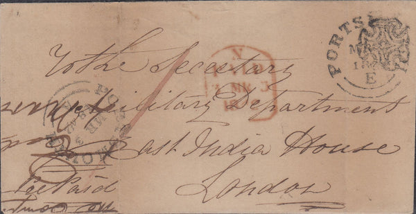 144672 1842 MAIL PORTSMOUTH TO LONDON POST PAID IN CASH WITH FINE STRIKE PORSTMOUTH BLACK MALTESE CROSS AT UPPER RIGHT WHERE STAMP USUALLY AFFIXED.