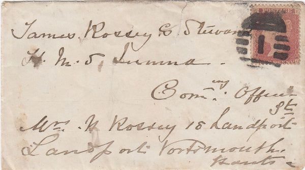 144674 1876 SEAMAN'S 1d CONCESSIONARY RATE USAGE 'HMS JUMNA' INDIAN SUB- CONTINENT TO PORTSMOUTH 1D PL.140 (SG43).