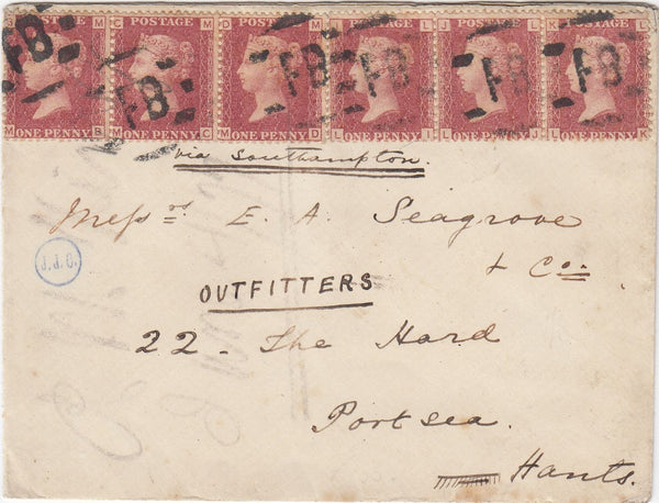 144675 1877 MAIL APPARENTLY EX H.M.S. BITTERNE, MALTA TO PORTSEA 1d  PL.179 (SG43) x SIX.