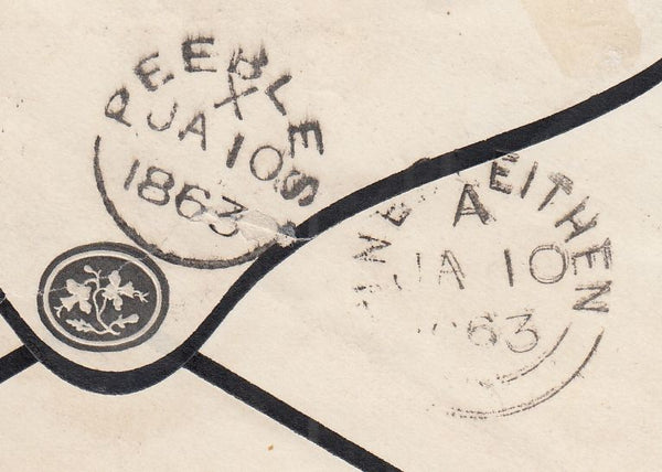 144679 1863 MOURNING ENVELOPE INNERLEITHEN, SCOTTISH BORDERS TO PEEBLES 1d  PL.51 (SG42) CANCELLED 'PEEBLES' DATE STAMP.