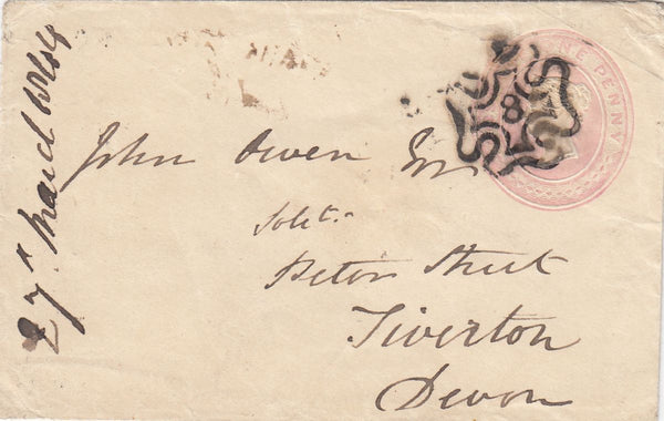 144684 1844 PENNY PINK ENVELOPE LONDON TO TIVERTON, DEVON LONDON No.'8' IN MALTESE CROSS.