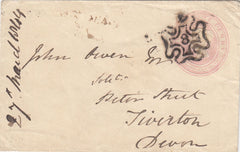 144684 1844 PENNY PINK ENVELOPE LONDON TO TIVERTON, DEVON LONDON No.'8' IN MALTESE CROSS.