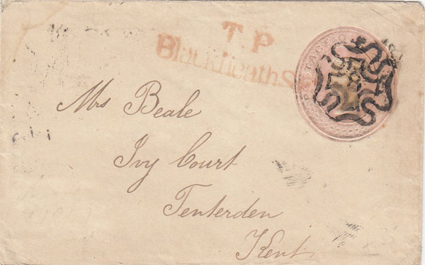 144685 1844 PENNY PINK ENVELOPE LONDON TO TENTERDEN, KENT LONDON No. '8' IN MALTESE CROSS, ALSO WAFER SEAL ON REVERSE.