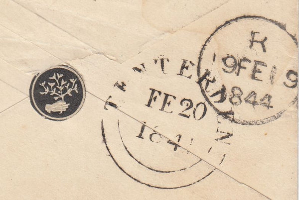 144685 1844 PENNY PINK ENVELOPE LONDON TO TENTERDEN, KENT LONDON No. '8' IN MALTESE CROSS, ALSO WAFER SEAL ON REVERSE.