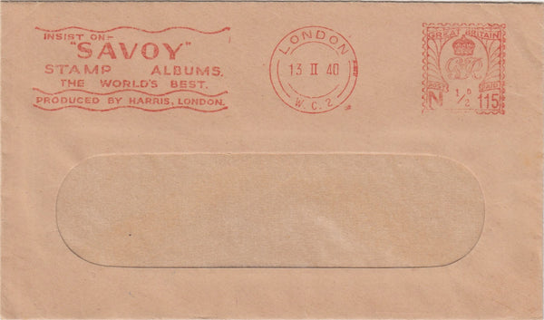 144687 1940 MAIL FROM LONDON KGVI ½d METER MARK 'SAVOY STAMP ALBUMS' ADVERT.