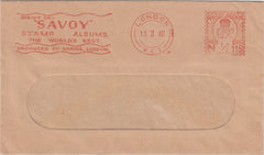 144687 1940 MAIL FROM LONDON KGVI ½d METER MARK 'SAVOY STAMP ALBUMS' ADVERT.
