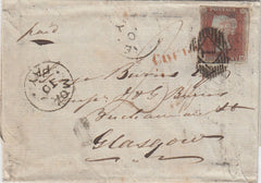 144689 1846 MAIL LONDON TO GLASGOW 1d (SG8) 'MAE WEST' 'TOO LATE' HANDSTAMP.