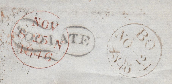 144689 1846 MAIL LONDON TO GLASGOW 1d (SG8) 'MAE WEST' 'TOO LATE' HANDSTAMP.