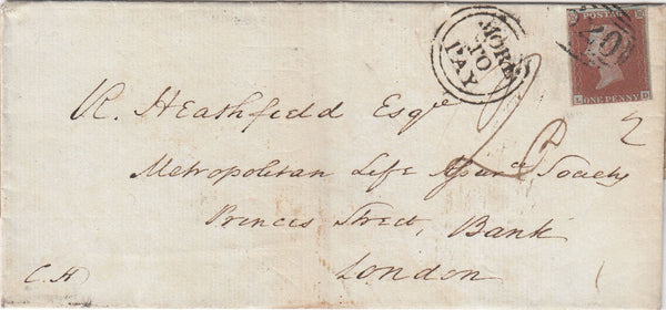144690 1845 MAIL PLYMOUTH TO LONDON 1d (SG8) POSTAGE UNDERPAID WITH CIRCULAR 'MORE/TO/PAY' HANDSTAMP.