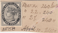 144692 1882 1d LILAC DIE 2 (SG172) DIE PROOF EX DE LA RUE ARCHIVE STRIKING BOOK.