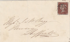 144695 1843 MAIL LONDON TO SHEFFIELD 1d (SG8) No.'8' IN CROSS (SPEC B1uh), WAFER SEAL ON REVERSE.