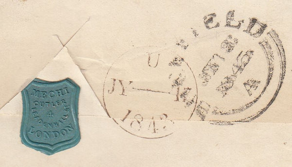 144695 1843 MAIL LONDON TO SHEFFIELD 1d (SG8) No.'8' IN CROSS (SPEC B1uh), WAFER SEAL ON REVERSE.