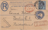 144696 1901 QV 2d BLUE REGISTERED ENVELOPE LONDON TO GERMANY UPRATED QV 2½d (SG201) 'POSTED OUT OF COURSE' HANDSTAMP.
