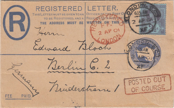 144696 1901 QV 2d BLUE REGISTERED ENVELOPE LONDON TO GERMANY UPRATED QV 2½d (SG201) 'POSTED OUT OF COURSE' HANDSTAMP.
